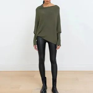 Loose-fit olive green boat neck knit sweater with elegant batwing sleeves.