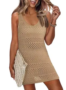Détails de la robe de plage en maille ajourée sans manches pour femme kaki