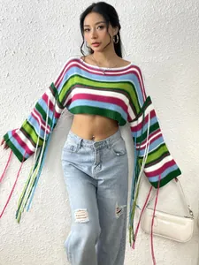 Colorful rainbow striped cropped knit sweater with long tassels and loose fit style for women.