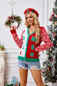 Detailed view of women's red Christmas cardigan with HOLLY JOLLY XMAS letter jacquard