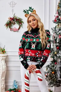 Festlicher Damen-Weihnachtspullover mit Rollkragen, Rentier- und Schneemann-Strickmuster