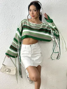 Trendy women's rainbow striped knit cropped sweater with boho tassel sleeve details