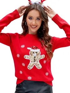 Pull de Noël rouge festif avec bonhomme en pain d'épices à paillettes pour femme