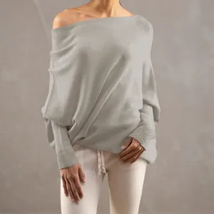 Detail view of a loose oversized off-the-shoulder knit sweater with grey batwing sleeves