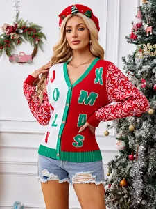 Women Christmas Knitted Cardigan Sweater Red V-Neck Jacquard Letter Snowflake Print Single Breasted Casual Warm Top
