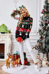 Festlicher Weihnachts-Rollkragenpullover mit Rentier- und Schneemann-Feiertagsmustern
