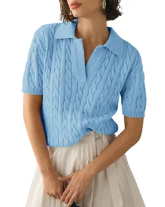 Elegant sky blue short sleeve polo knit shirt featuring classic cable knit texture.