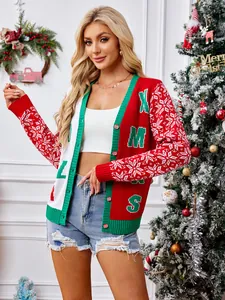 Festive red and white Christmas cardigan with XMAS jacquard and snowflake pattern