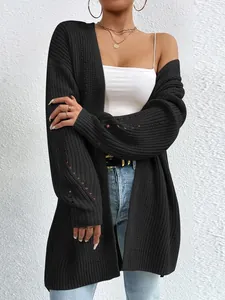 Cardigan lungo in maglia nera ampia da donna in stile casual per l'autunno e l'inverno