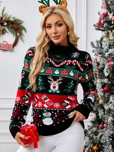 Damen Hochgeschlossen Weihnachten Pullover Langarm Schneemann Rentier Jacquard Acryl Strick Top Festliche Winterkleidung