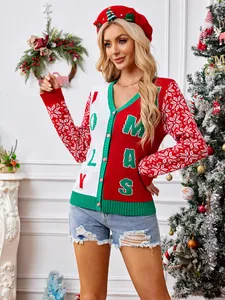 Red and white Christmas knit cardigan with XMAS lettering and V-neckline