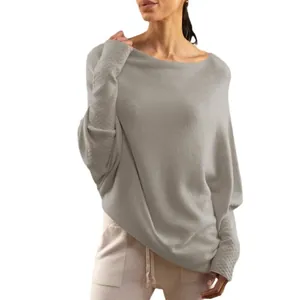 Elegant grey off-the-shoulder knit sweater with loose batwing sleeves for a casual look