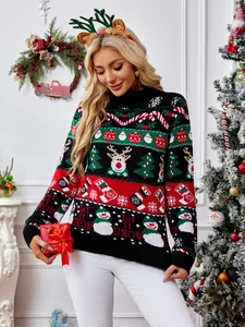 Festlicher Weihnachts-Rollkragenpullover mit Schneemann- und Rentier-Motiv Damen