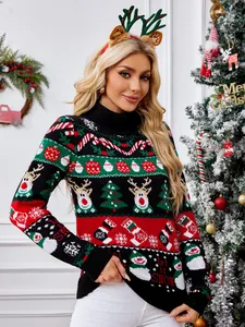 Festlicher Damen-Weihnachtspullover mit Rollkragen und Schneemann- sowie Rentier-Motiven