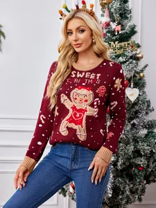Feestelijke bordeauxrode kersttrui voor dames met een schattig peperkoekmannetje