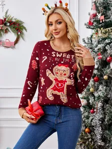 Klassieke bourgondische kersttrui voor dames met schattig peperkoekmannetje-patroon