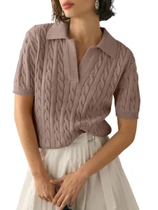 Casual short sleeve cable knit polo sweater for women in elegant dusty rose color