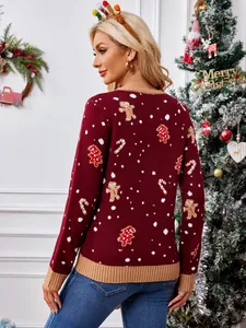 Feestelijke bordeauxrode kersttrui voor dames met een schattig peperkoekmannetje-patroon