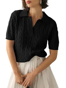 Women's black cable-knit short-sleeve polo sweater with classic V-neck collar design