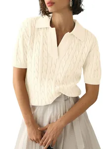 Elegant women's cream short-sleeved polo sweater featuring a classic cable knit design