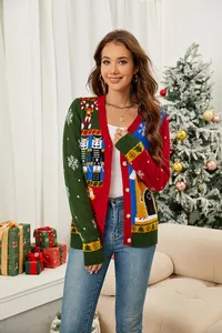 Cardigan natalizio festivo a blocchi di colore con jacquard a schiaccianoci e neve