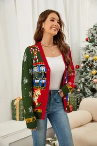 Cardigan natalizio in maglia da donna con motivi jacquard colorati a forma di schiaccianoci