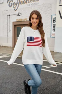 Cozy white long-sleeved sweater with American flag design for Independence Day fashion.