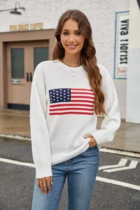 Detailed view of women's white crewneck sweater with classic American flag pattern