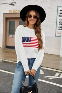 Stylish women's white crewneck sweater featuring a classic American flag knit design.