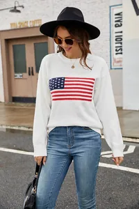 Women's crew neck white knit sweater featuring a classic American flag pattern design.