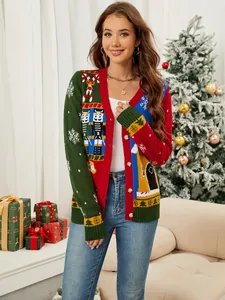 Cardigan in Maglia Jacquard Schiaccianoci di Natale da Donna Vintage Scollo a V Manica Lunga Abbottonatura Color Block Maglione Festivo Top