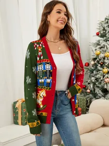 Cardigan natalizio festivo da donna con motivi colorati di schiaccianoci e fiocchi di neve