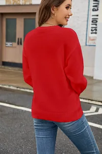 Detailed back view of a vibrant red crewneck knit sweater for women, casual style