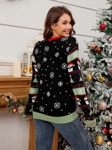 Feestelijke zwarte kersttrui voor dames met alpaca jacquard en sneeuwvlokpatronen