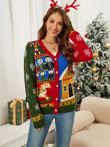 Cardigan natalizio colorato in maglia con motivi festivi e cerchietto con renne