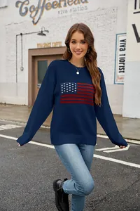 Detailed view of a navy blue round neck knit sweater with US flag design for women
