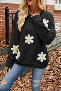 Casual black crewneck sweater with oversized 3D crochet daisy flowers for women