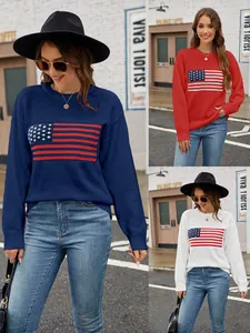 Women American Flag Knit Sweater Casual Round Neck Long Sleeve Pullover Acrylic Knitwear For Independence Day Easter Fashion