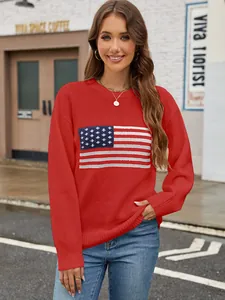 Fashionable red crew neck knit sweater for women with American flag pattern design