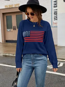Casual navy blue women's crewneck sweater with a classic American flag knit design