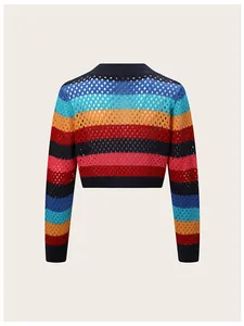 Rückansicht eines farbenfroh gestreiften, bauchfreien Pointelle-Strick-Cardigans mit Textur.