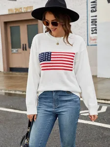 Stylish women's white round-neck knitted sweater with a bold American flag design