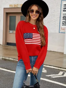 Stylish red crew neck sweater for women featuring a knit American flag pattern