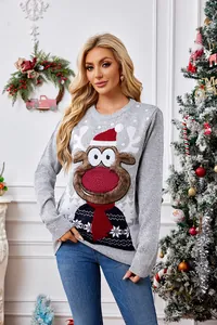Detailed view of grey knit Christmas sweater featuring a 3D reindeer design on model