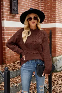 Elegant brown cable-knit pullover sweater for women with detailed knit textures and chic style
