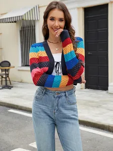 Farbenfrohe gestreifte Strickjacke mit Lochmuster und Bindeband vorne für Damen