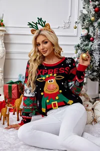 Pull de Noël festif pour femme noir avec motif renne 3D et pompons colorés