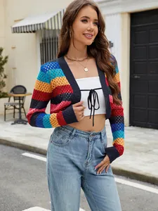 Bunte gestreifte Häkel-Cardigan-Jacke für Damen mit einem stylischem Lochstrick-Design