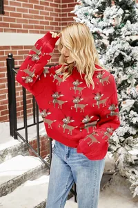 Festlicher roter Weihnachtspullover mit süßem Rentier-Jacquard-Muster für Damen.