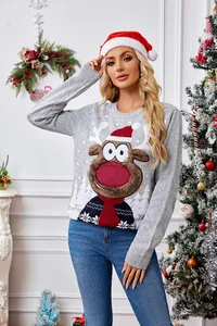 Detailed shot of festive grey Christmas sweater featuring a cute 3D reindeer design